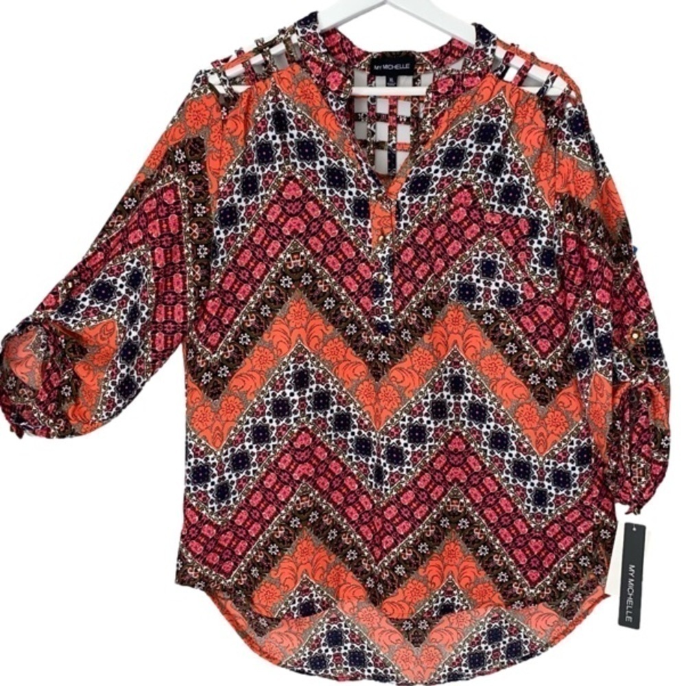 MY MICHELLE Tunic High Low Lattice Detail Orange Black Pink Women Size XL NWT